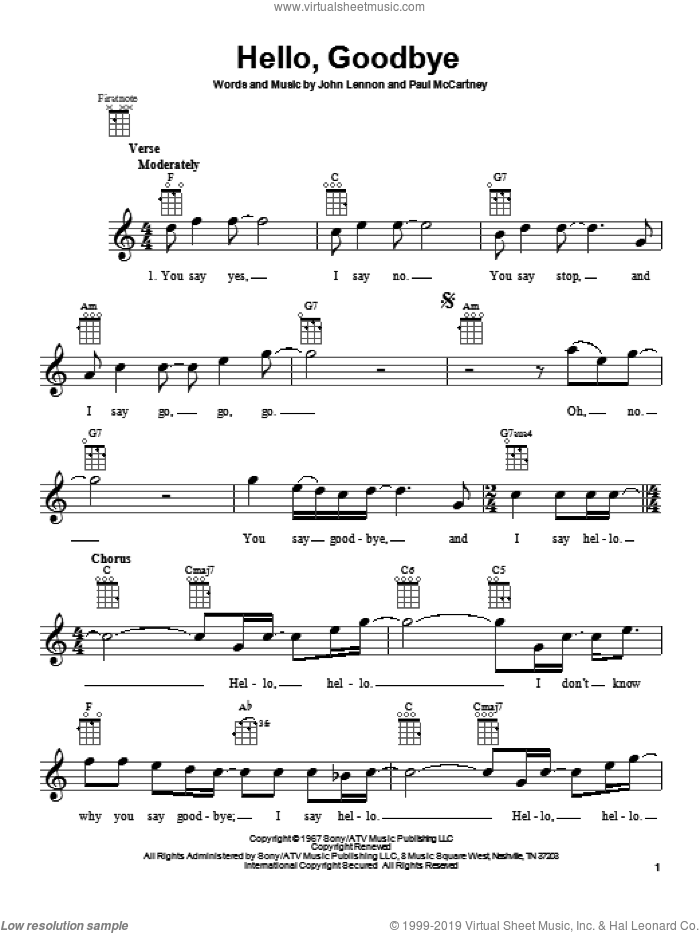 Hello, Goodbye sheet music for ukulele by The Beatles, John Lennon and Paul McCartney, intermediate skill level