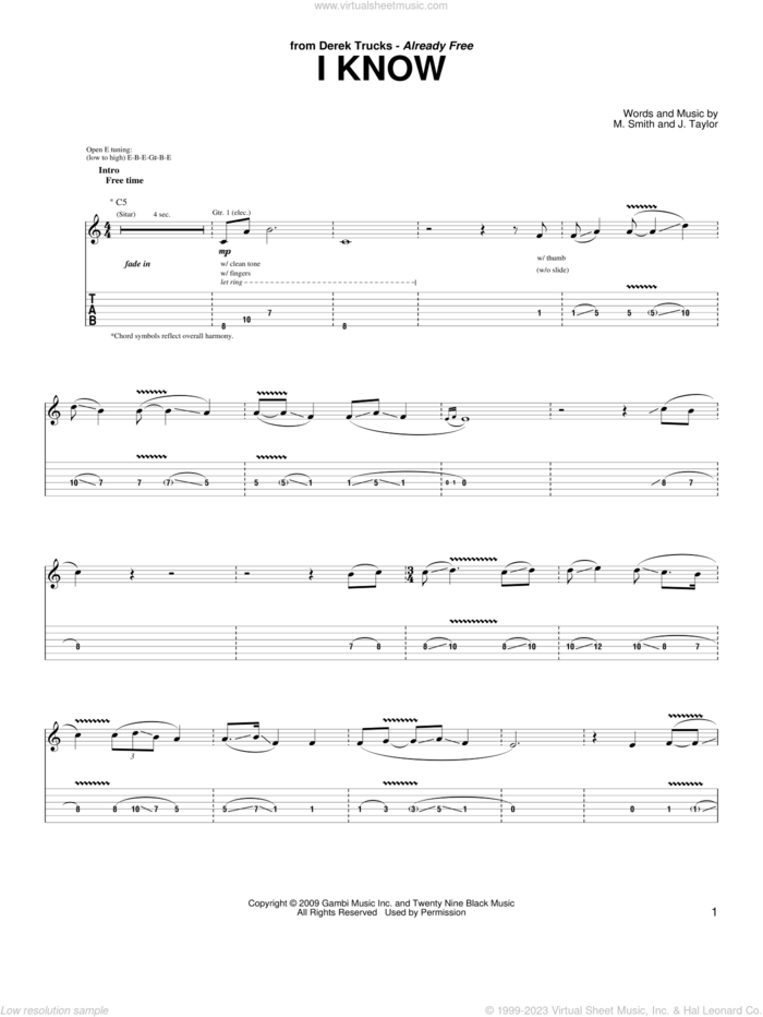 I Know sheet music for guitar (tablature) by Derek Trucks and The Derek Trucks Band, intermediate skill level