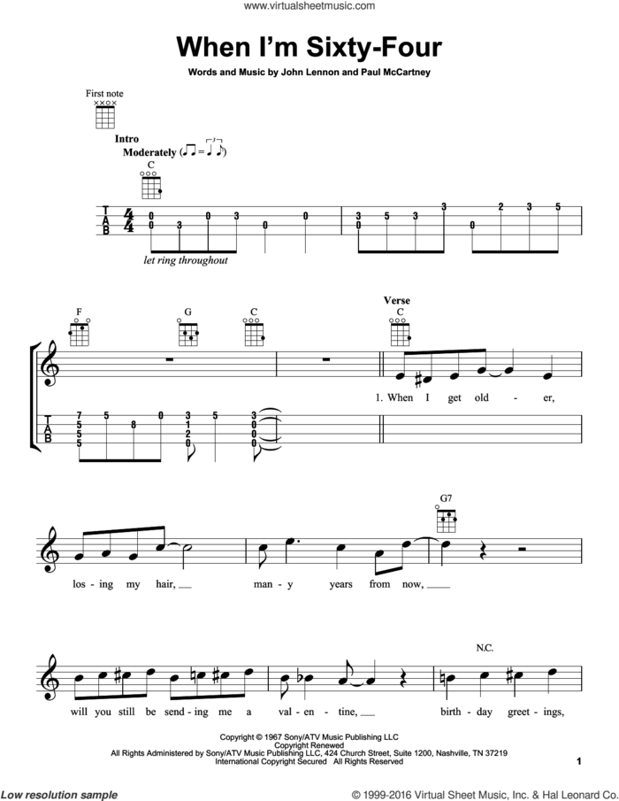 When I'm Sixty-Four sheet music for ukulele by The Beatles, John Lennon and Paul McCartney, intermediate skill level