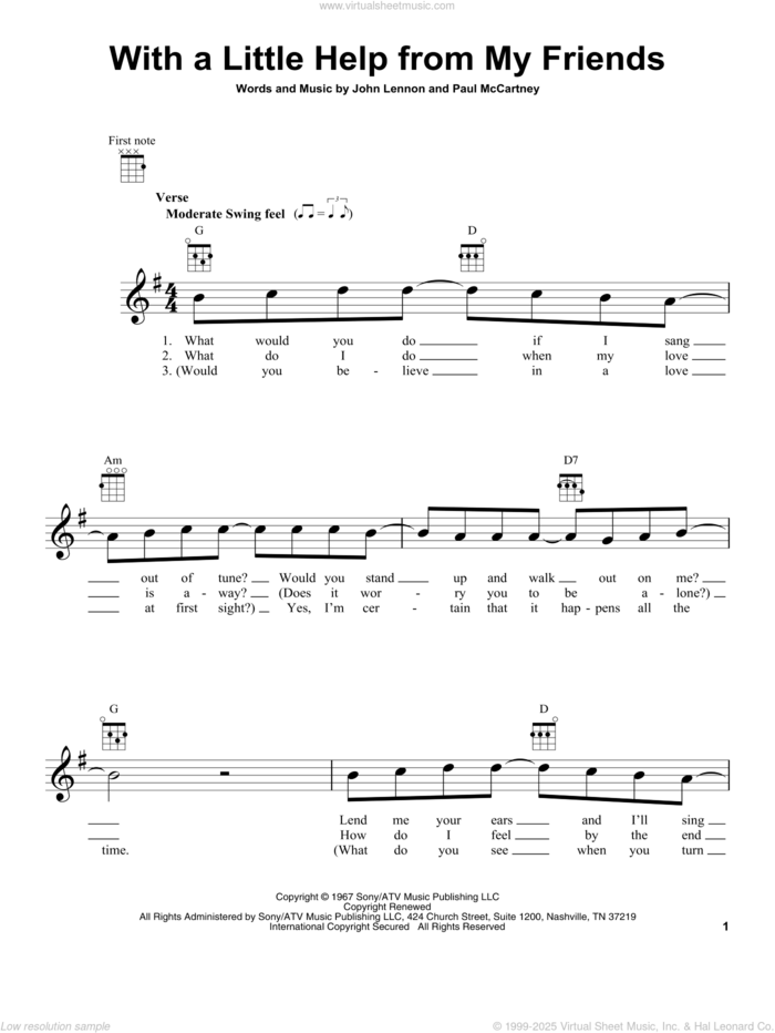 With A Little Help From My Friends sheet music for ukulele by The Beatles, John Lennon and Paul McCartney, intermediate skill level