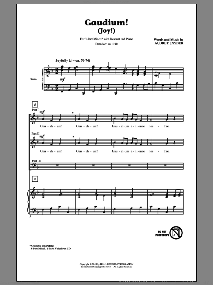 Gaudium! sheet music for choir (3-Part Mixed) by Audrey Snyder, intermediate skill level