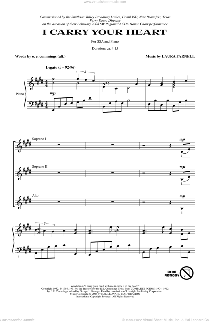 I Carry Your Heart sheet music for choir (SSA: soprano, alto) by Laura Farnell and E.E. Cummings, intermediate skill level