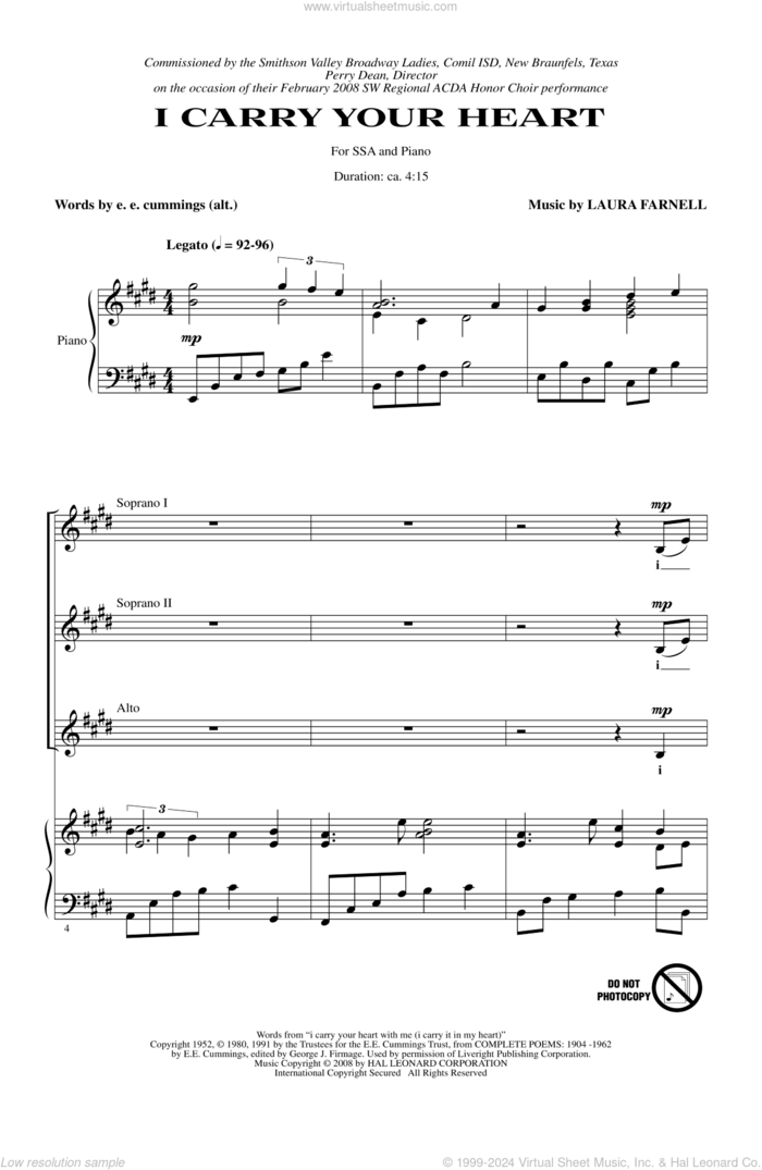 I Carry Your Heart sheet music for choir (SSA: soprano, alto) by Laura Farnell and E.E. Cummings, intermediate skill level