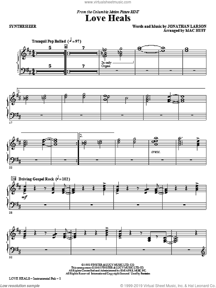 Love Heals (complete set of parts) sheet music for orchestra/band (Rhythm) by Jonathan Larson and Mac Huff, intermediate skill level