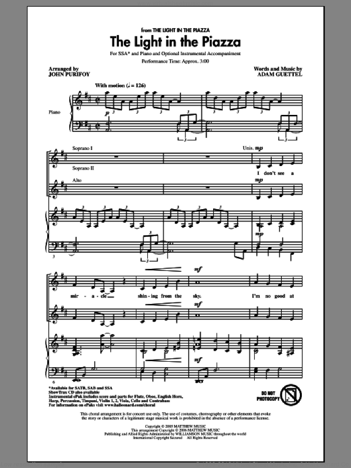 The Light In The Piazza (arr. John Purifoy) sheet music for choir (SSA: soprano, alto) by John Purifoy and Adam Guettel, intermediate skill level