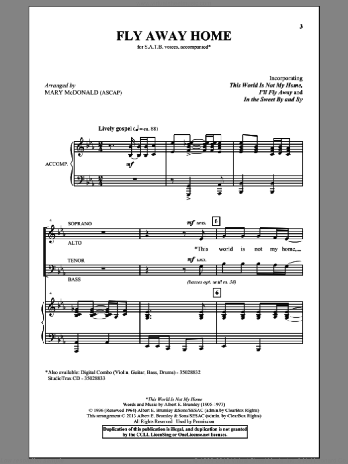Fly Away Home sheet music for choir (SATB: soprano, alto, tenor, bass) by Mary McDonald and Alfred Brumley, intermediate skill level