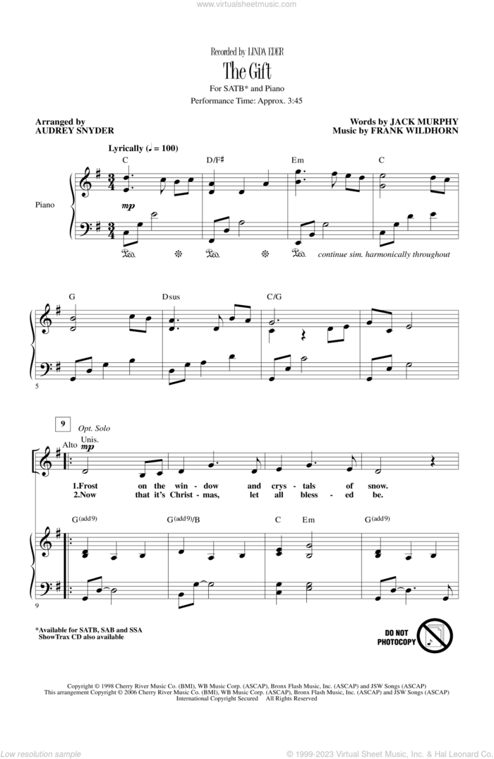 The Gift sheet music for choir (SATB: soprano, alto, tenor, bass) by Audrey Snyder, Frank Wildhorn, Jack Murphy and Linda Eder, intermediate skill level