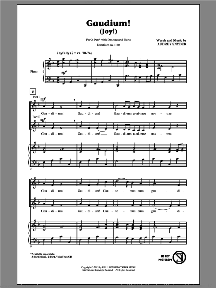 Gaudium! sheet music for choir (2-Part) by Audrey Snyder, intermediate duet