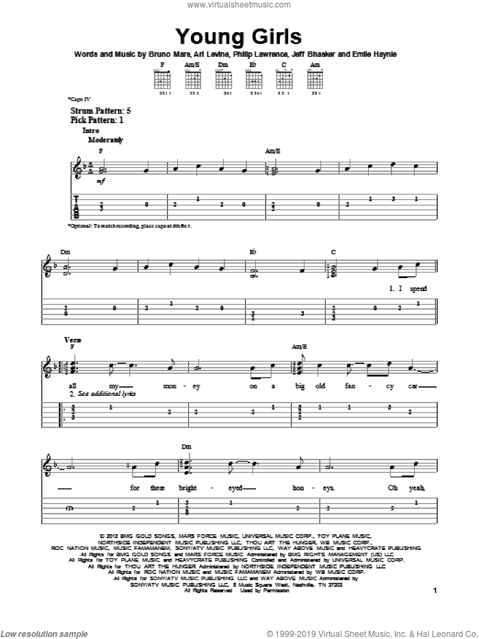 Young Girls sheet music for guitar solo (easy tablature) by Bruno Mars, easy guitar (easy tablature)