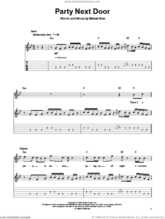 Party Next Door sheet music for guitar (tablature, play-along) by Black Uhuru and Michael Rose, intermediate skill level