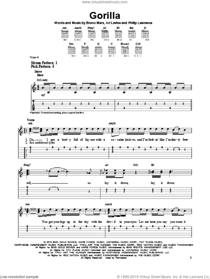 Gorilla sheet music for guitar solo (easy tablature) by Bruno Mars, easy guitar (easy tablature)