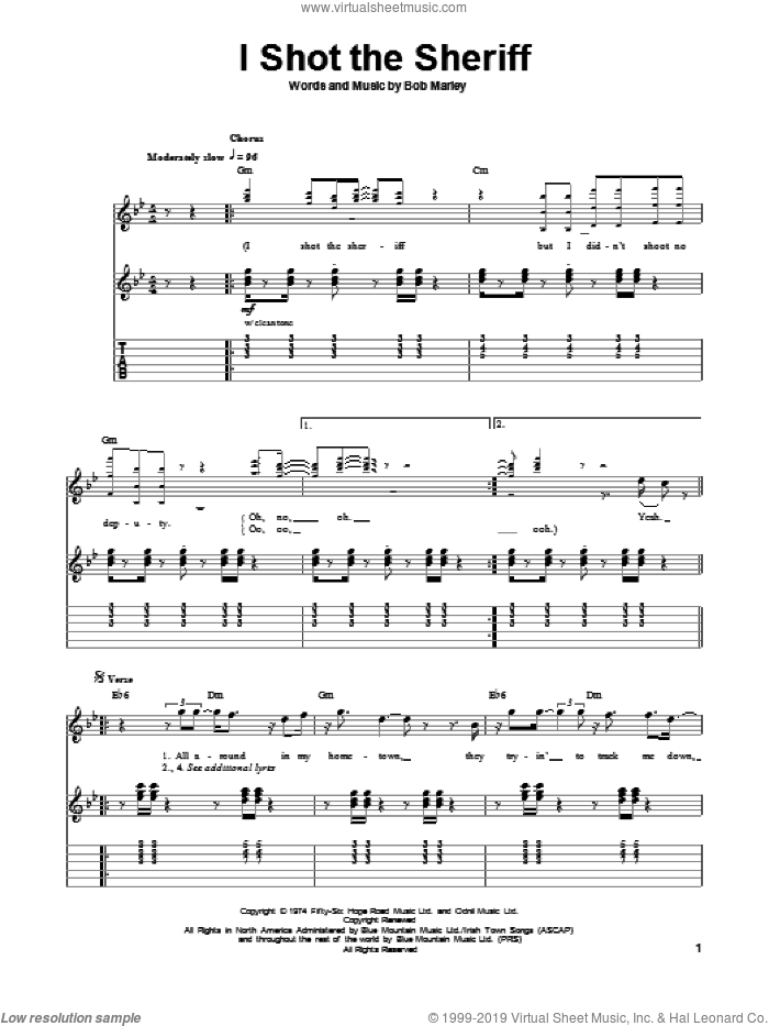I Shot The Sheriff sheet music for guitar (tablature, play-along) by Bob Marley and Eric Clapton, intermediate skill level