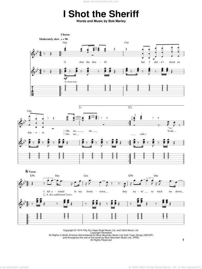 I Shot The Sheriff sheet music for guitar (tablature, play-along) by Bob Marley and Eric Clapton, intermediate skill level