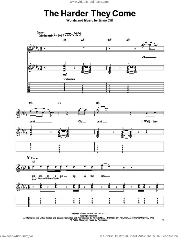 The Harder They Come sheet music for guitar (tablature, play-along) by Jimmy Cliff, intermediate skill level