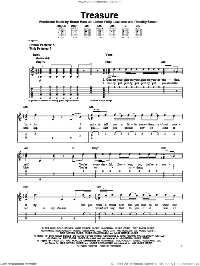 Treasure sheet music for guitar solo (easy tablature) by Bruno Mars, easy guitar (easy tablature)