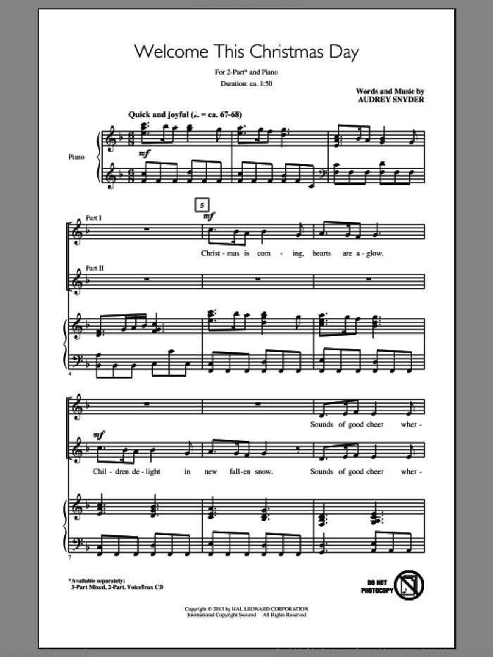 Welcome This Christmas Day sheet music for choir (2-Part) by Audrey Snyder, intermediate duet