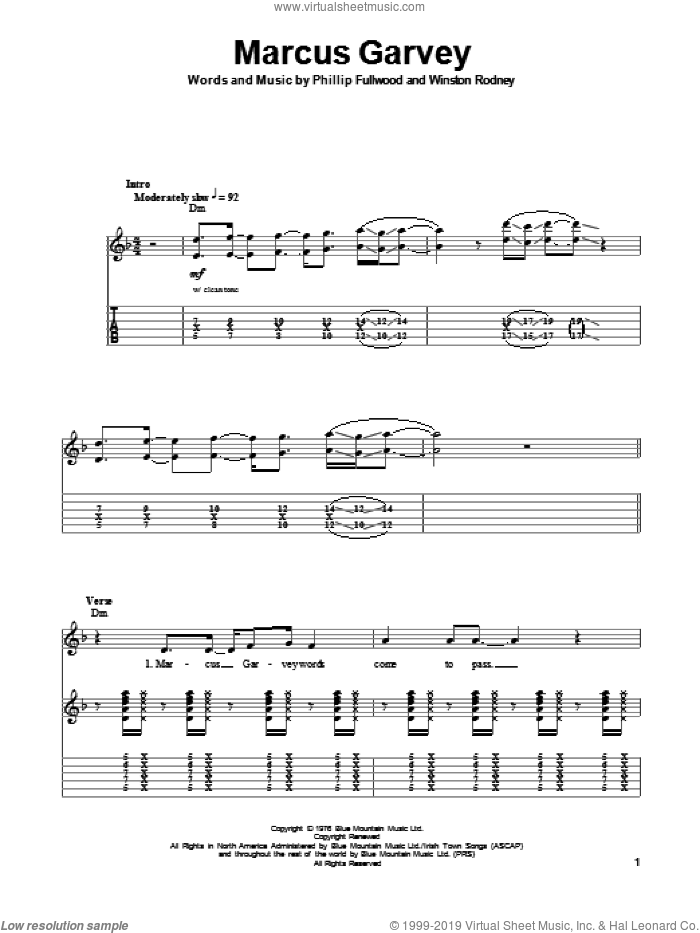 Marcus Garvey sheet music for guitar (tablature, play-along) by Phillip Fullwood and Winston Rodney, intermediate skill level