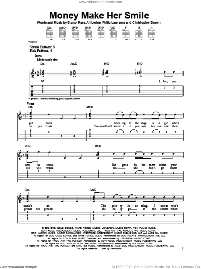 Money Make Her Smile sheet music for guitar solo (easy tablature) by Bruno Mars, easy guitar (easy tablature)