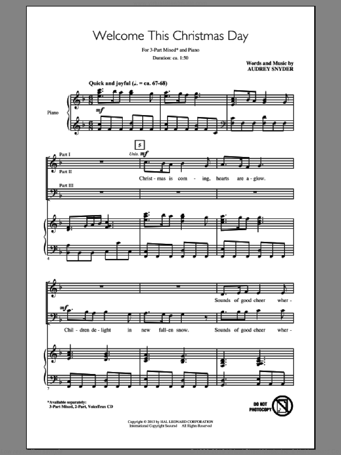 Welcome This Christmas Day sheet music for choir (3-Part Mixed) by Audrey Snyder, intermediate skill level