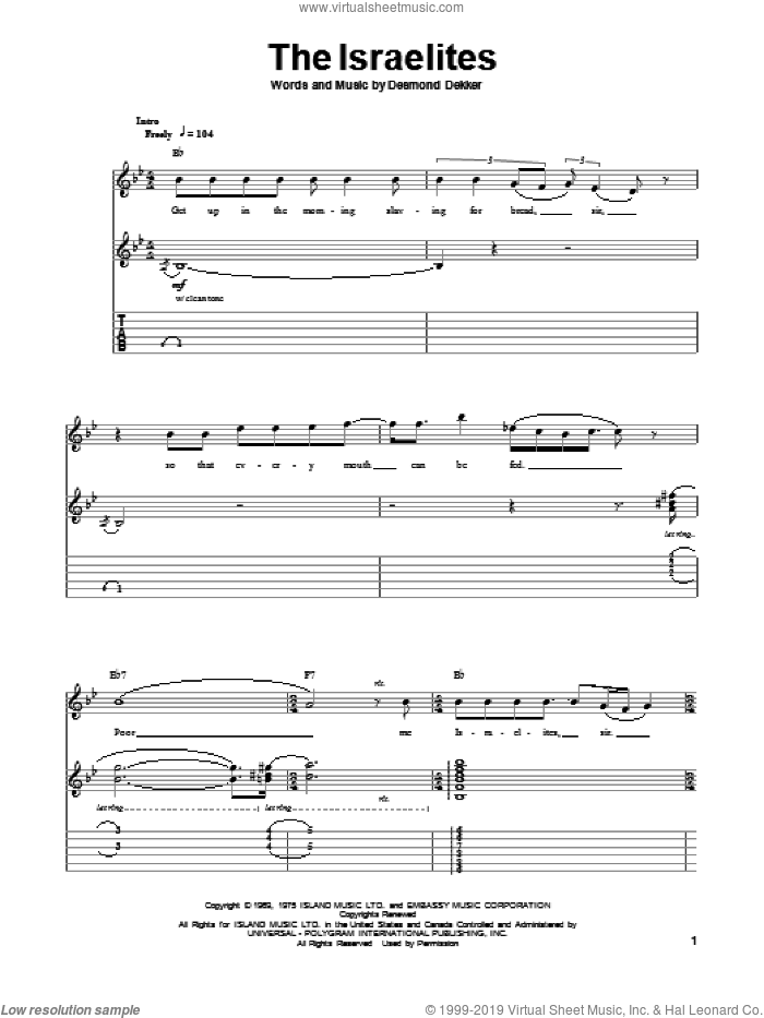 The Israelites sheet music for guitar (tablature, play-along) by Desmond Dekker & The Aces and Desmond Dekker, intermediate skill level