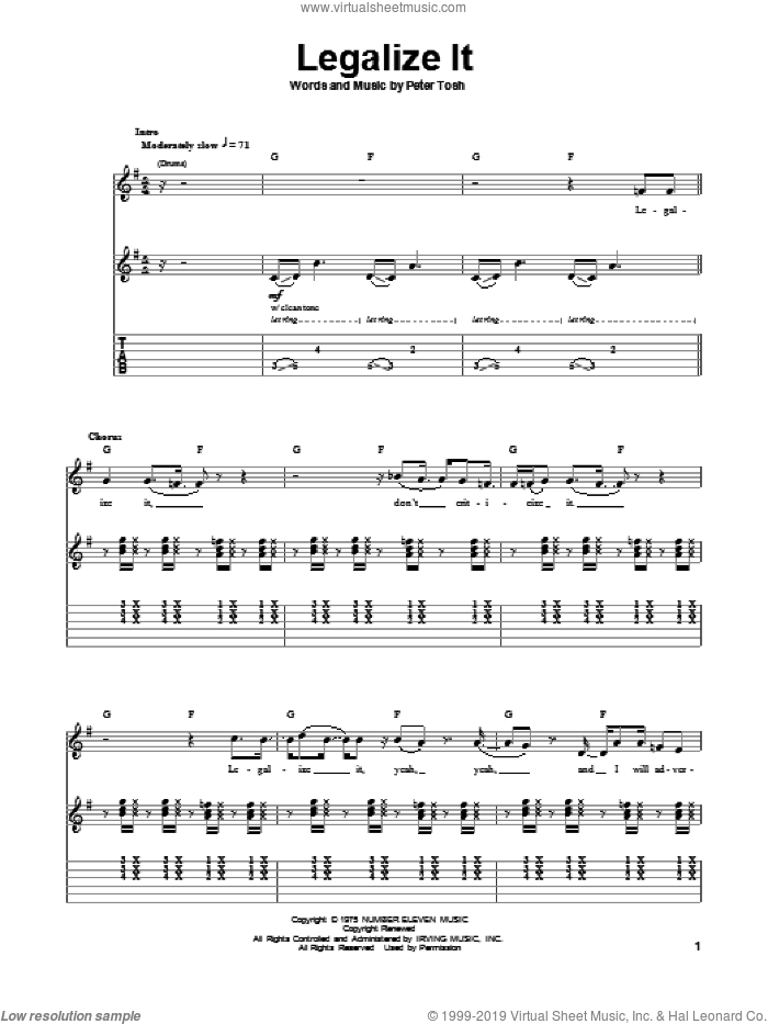Legalize It sheet music for guitar (tablature, play-along) by Peter Tosh, intermediate skill level