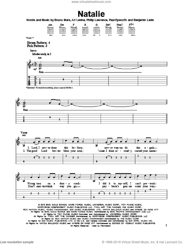 Natalie sheet music for guitar solo (easy tablature) by Bruno Mars, easy guitar (easy tablature)