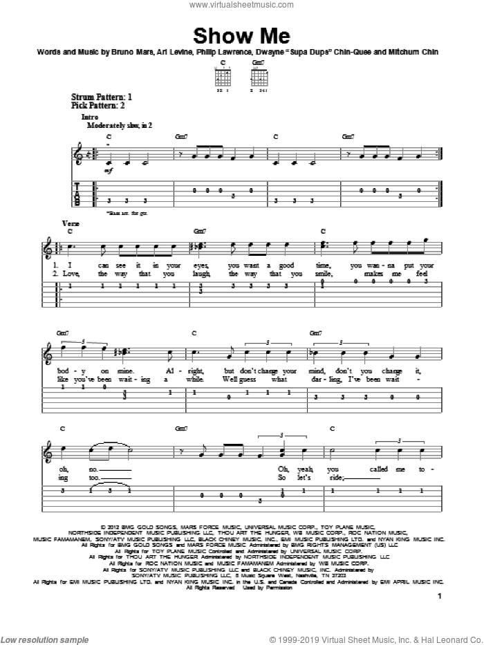 Show Me sheet music for guitar solo (easy tablature) by Bruno Mars, easy guitar (easy tablature)