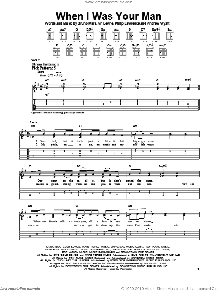 When I Was Your Man sheet music for guitar solo (easy tablature) by Bruno Mars, easy guitar (easy tablature)