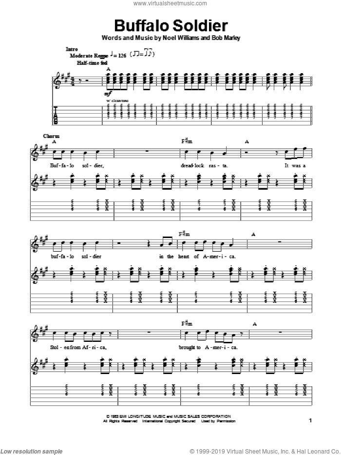 Buffalo Soldier sheet music for guitar (tablature, play-along) by Bob Marley and Noel Williams, intermediate skill level
