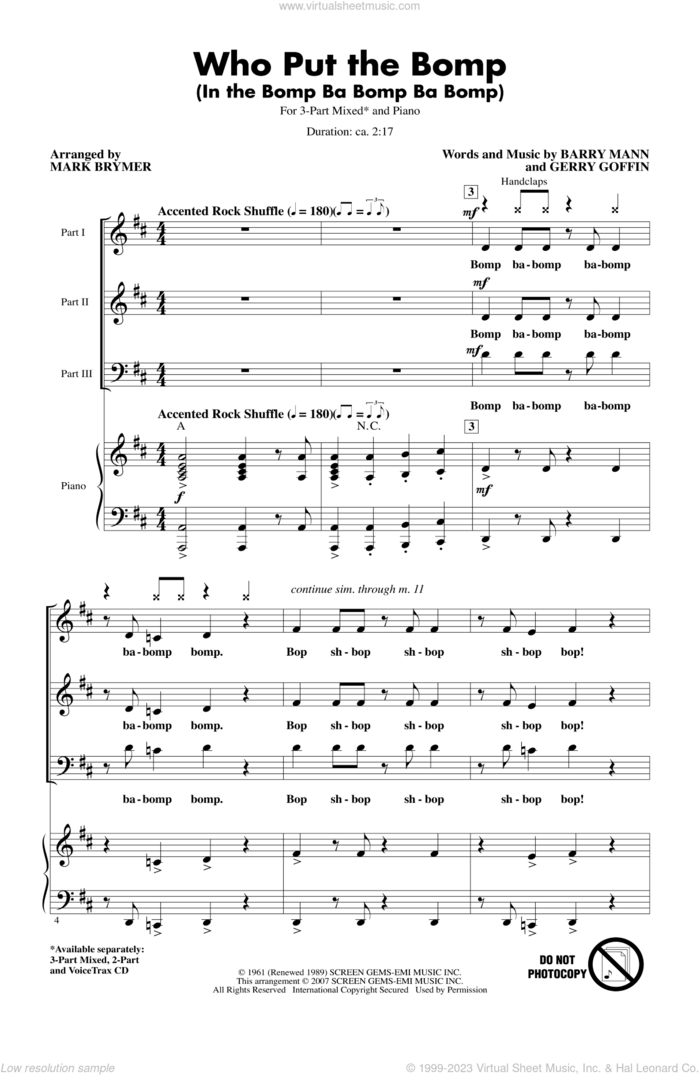 Who Put The Bomp (In The Bomp Ba Bomp Ba Bomp) sheet music for choir (3-Part Mixed) by Mark Brymer, Barry Mann and Gerry Goffin, intermediate skill level