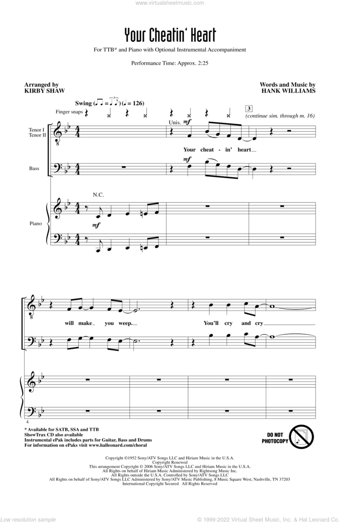 Your Cheatin' Heart sheet music for choir (TTBB: tenor, bass) by Hank Williams, Kirby Shaw and Patsy Cline, intermediate skill level