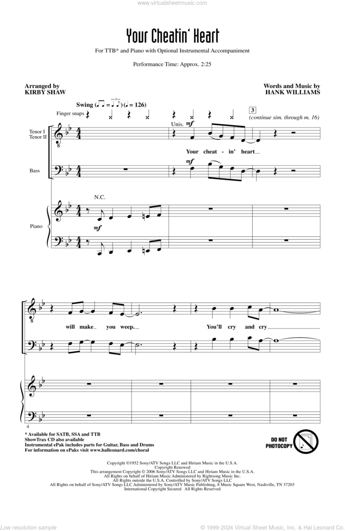 Your Cheatin' Heart sheet music for choir (TTB: tenor, bass) by Hank Williams, Kirby Shaw and Patsy Cline, intermediate skill level