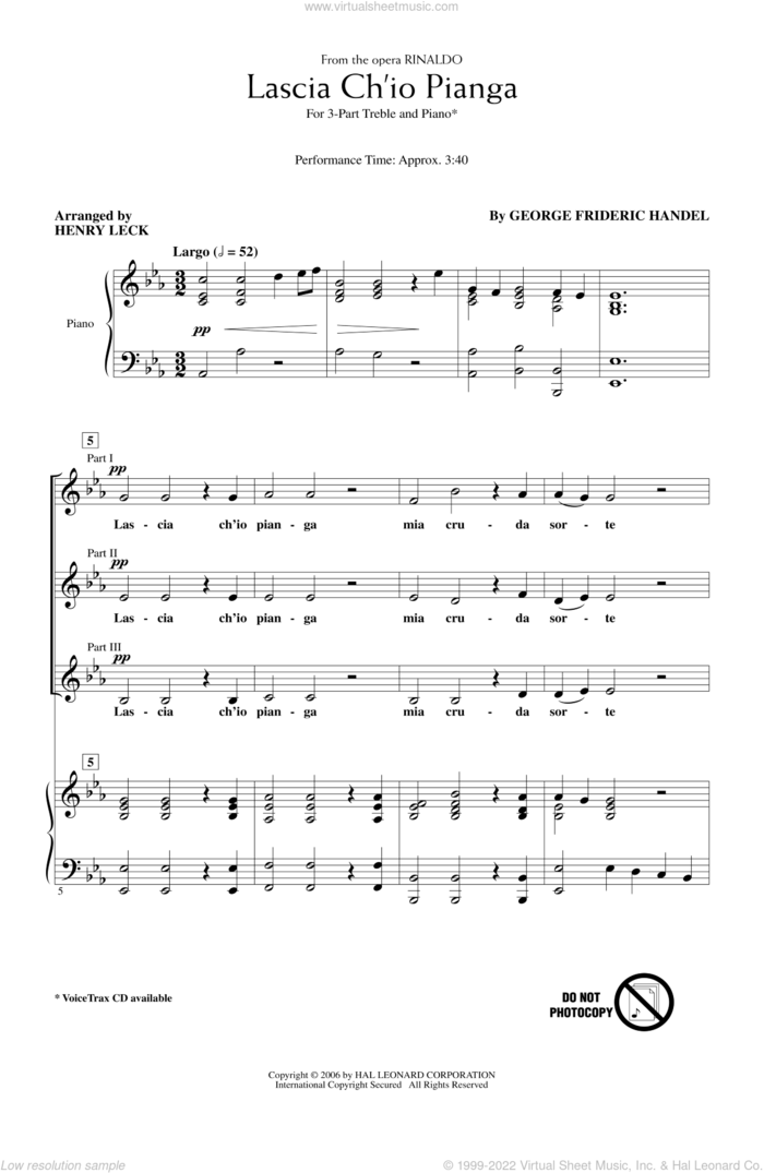 Lascia Ch'io Pianga sheet music for choir (3-Part Treble) by George Frideric Handel, classical score, intermediate skill level