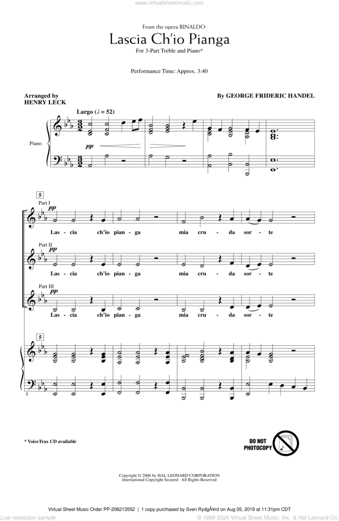 Lascia Ch'io Pianga sheet music for choir (3-Part Treble) by George Frideric Handel, classical score, intermediate skill level