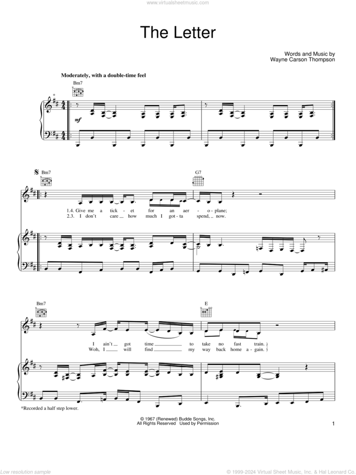The Letter sheet music for voice, piano or guitar by Joe Cocker, Box Tops, Miscellaneous and Wayne Carson Thompson, intermediate skill level