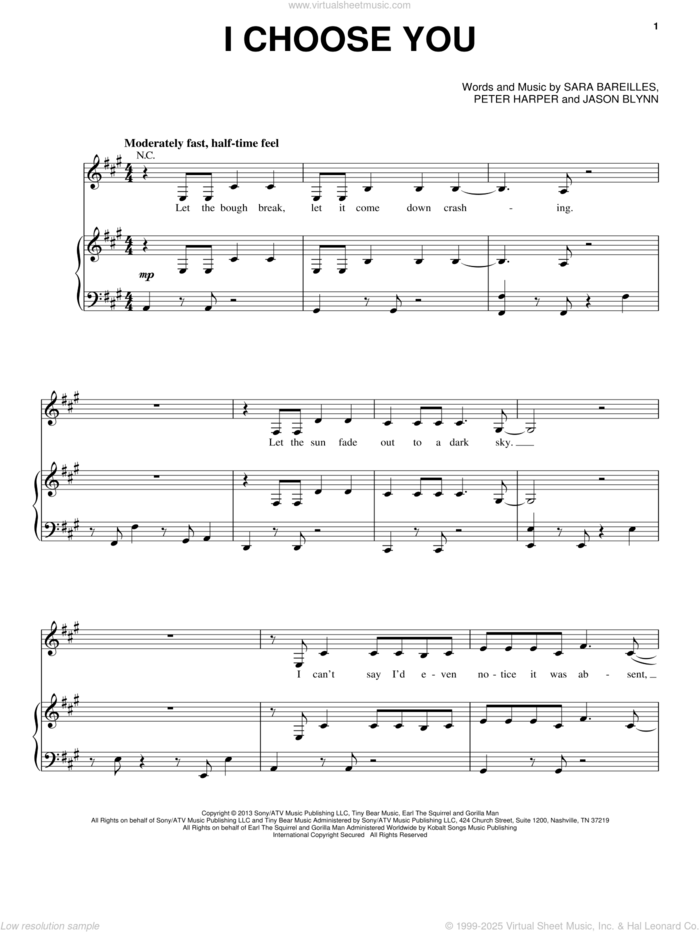 I Choose You sheet music for voice, piano or guitar by Sara Bareilles, Jason Blynn and Pete Harper, intermediate skill level