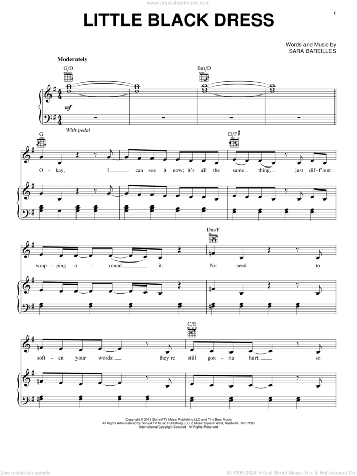 Little Black Dress sheet music for voice, piano or guitar by Sara Bareilles, intermediate skill level