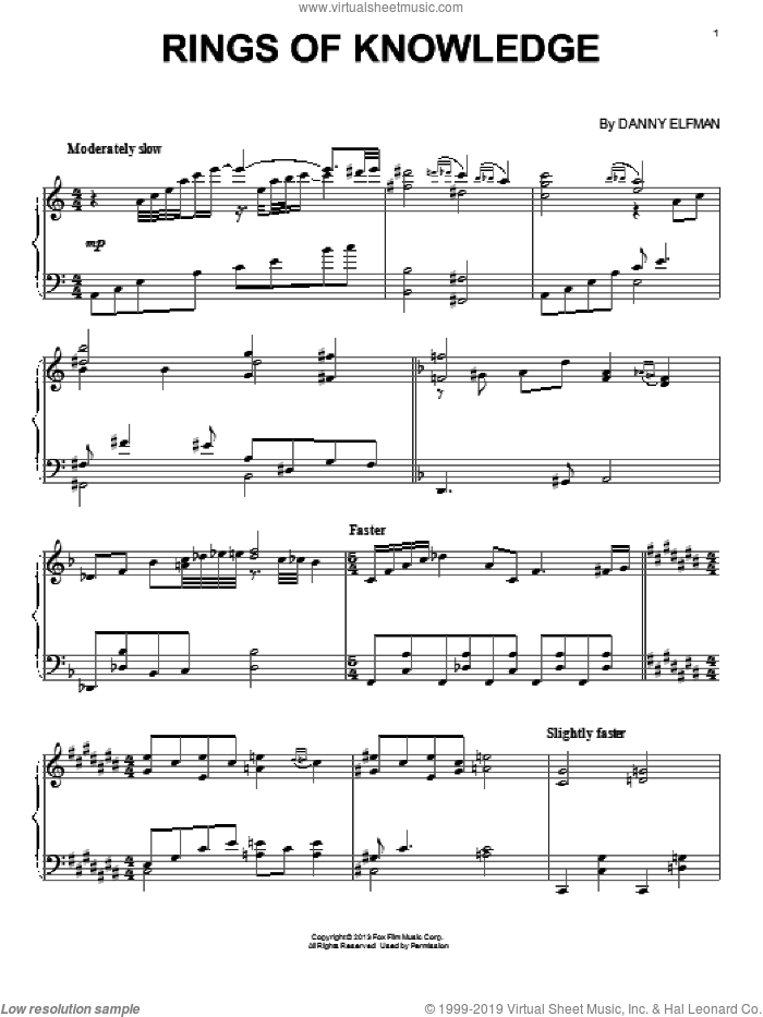 Rings Of Knowledge sheet music for piano solo by Danny Elfman and Epic (Movie), intermediate skill level