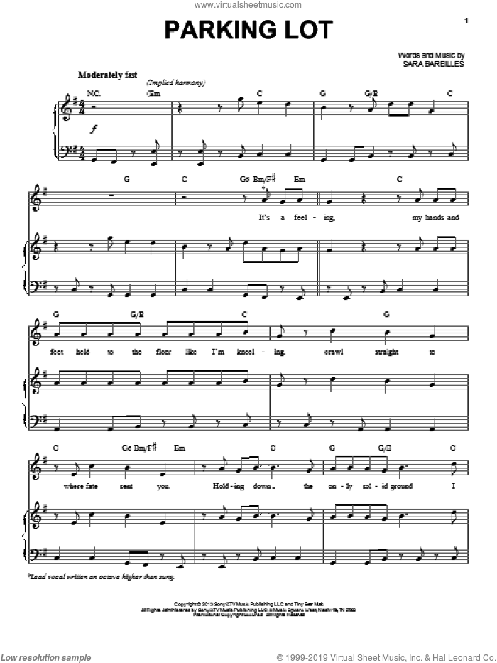 Parking Lot sheet music for voice, piano or guitar by Sara Bareilles, intermediate skill level
