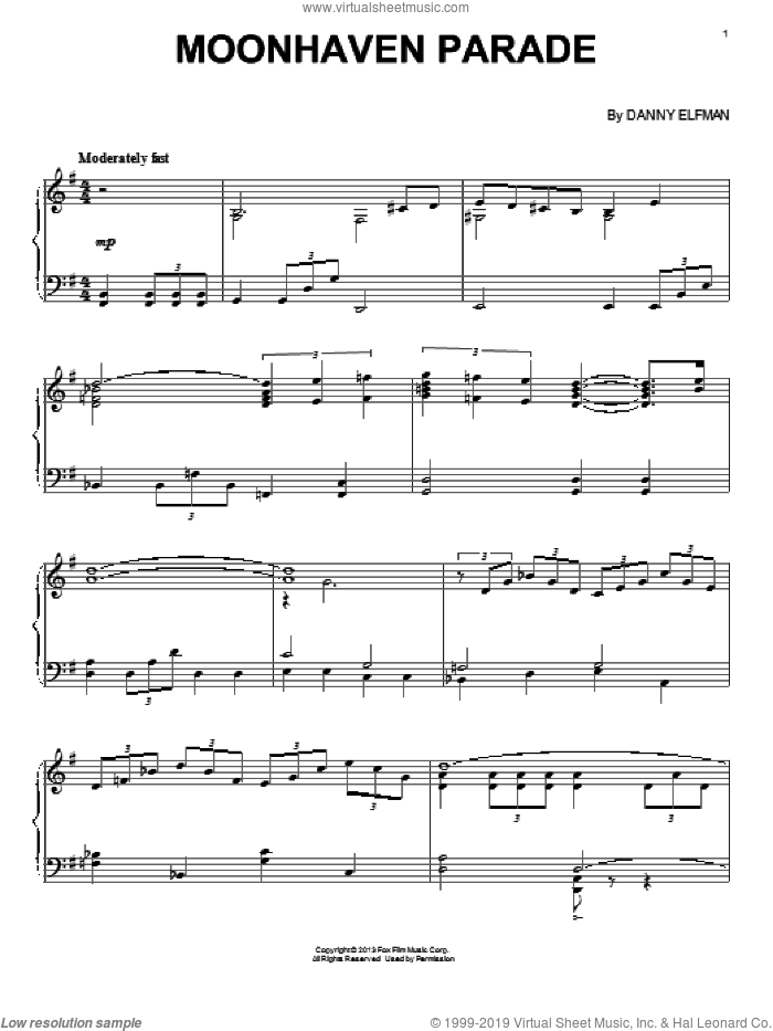 Moonhaven Parade sheet music for piano solo by Danny Elfman and Epic (Movie), intermediate skill level