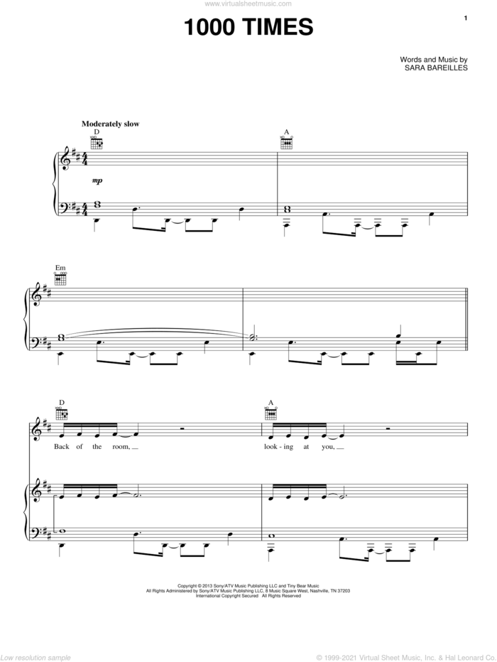 1000 Times sheet music for voice, piano or guitar by Sara Bareilles, intermediate skill level