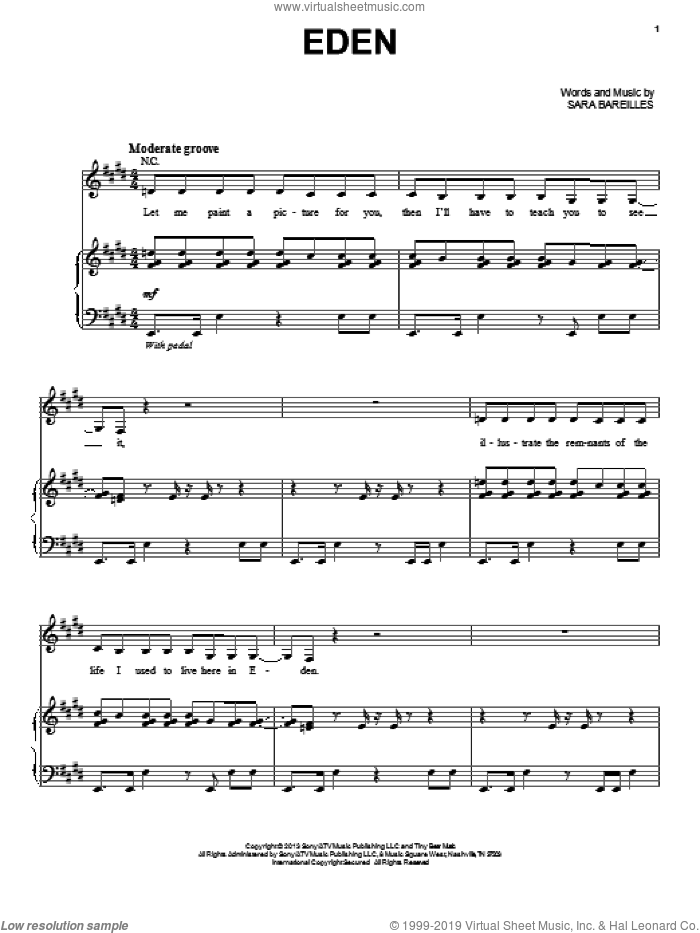 Eden sheet music for voice, piano or guitar by Sara Bareilles, intermediate skill level