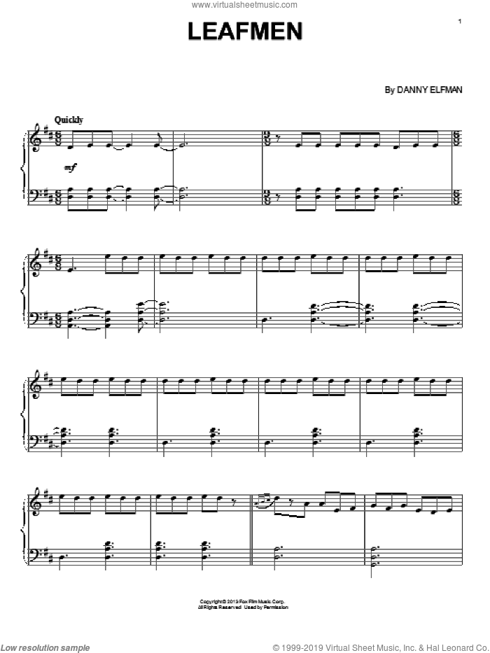 Leafmen sheet music for piano solo by Danny Elfman and Epic (Movie), intermediate skill level