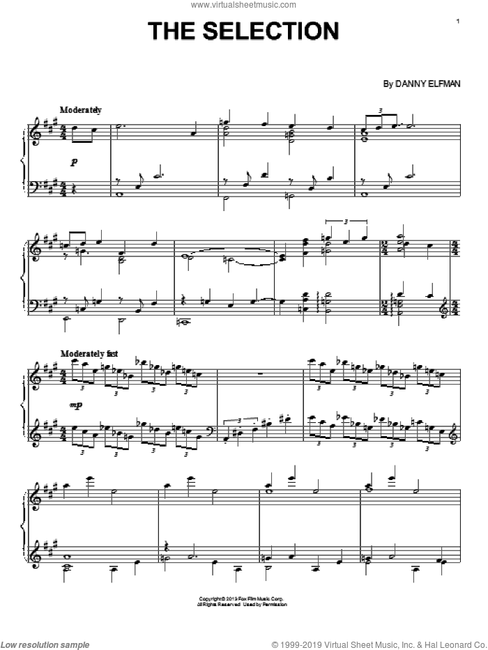 The Selection sheet music for piano solo by Danny Elfman, intermediate skill level