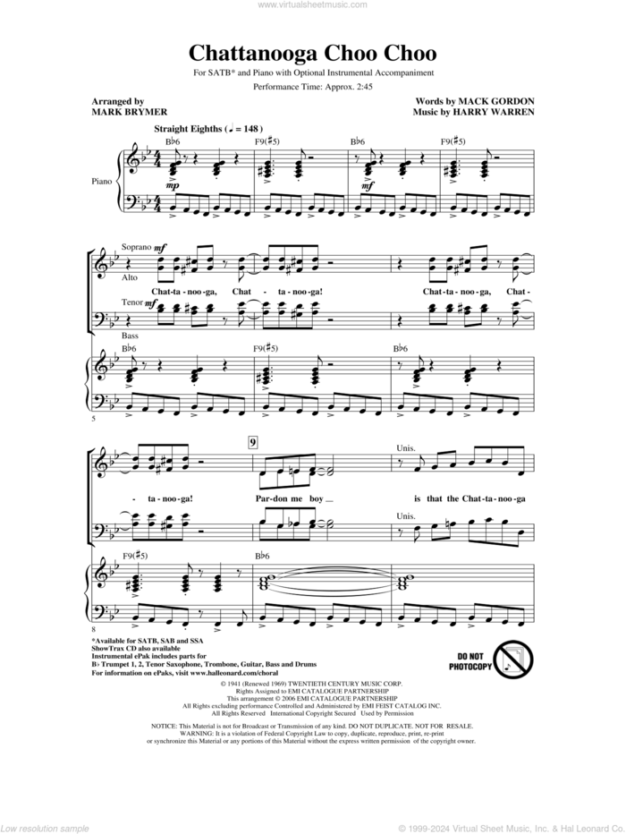 Chattanooga Choo Choo (arr. Mark Brymer) sheet music for choir (SATB: soprano, alto, tenor, bass) by Harry Warren, Mack Gordon and Mark Brymer, intermediate skill level