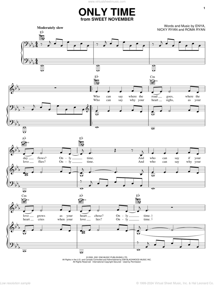 Only Time sheet music for voice, piano or guitar by Enya, Nicky Ryan and Roma Ryan, intermediate skill level