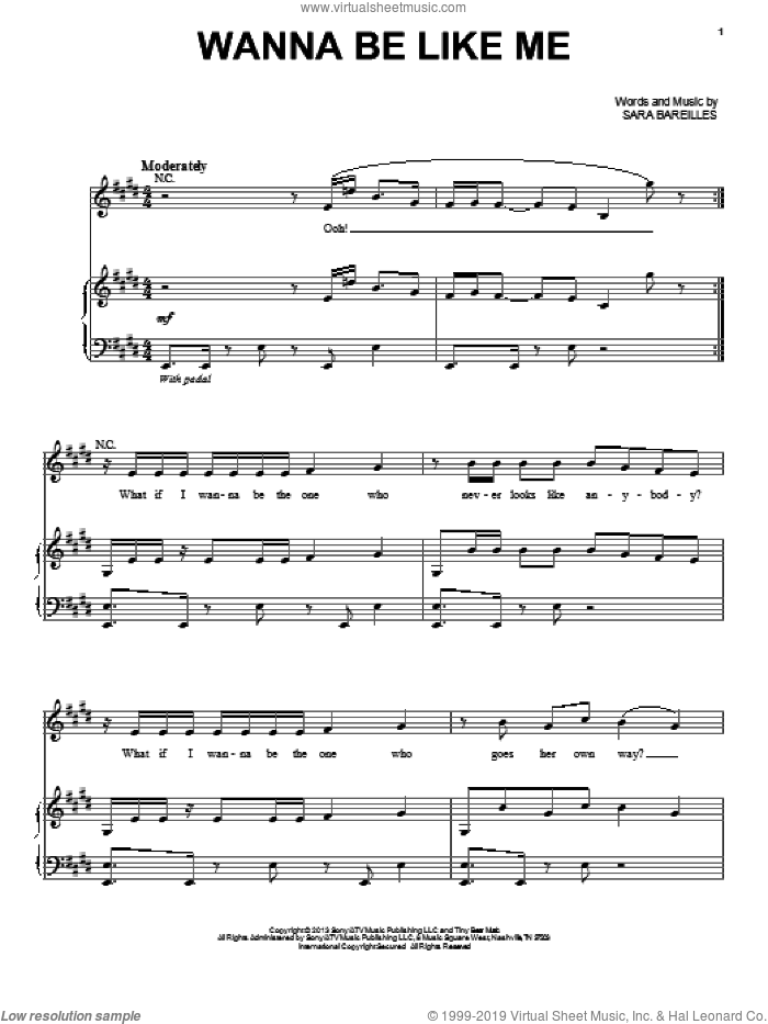 Wanna Be Like Me sheet music for voice, piano or guitar by Sara Bareilles, intermediate skill level