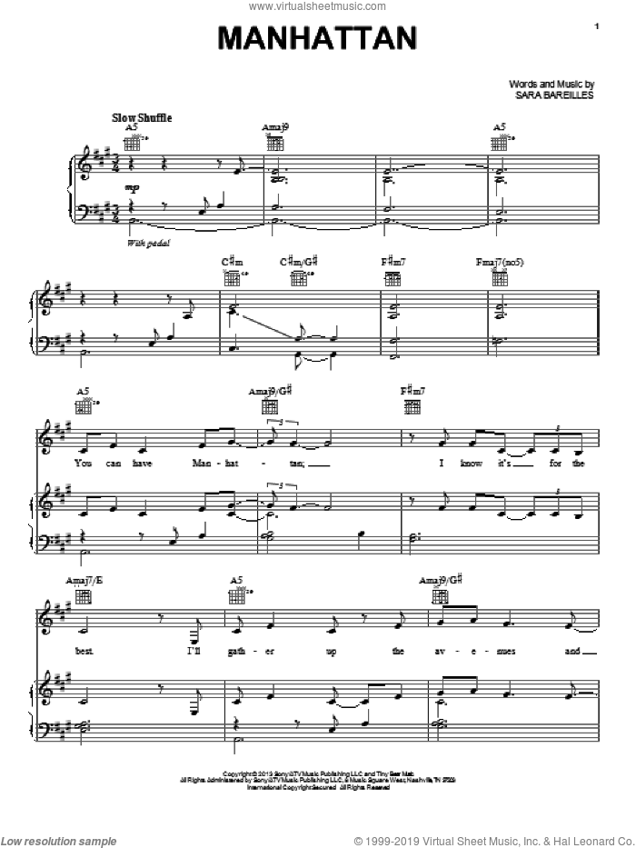 Manhattan sheet music for voice, piano or guitar by Sara Bareilles, intermediate skill level