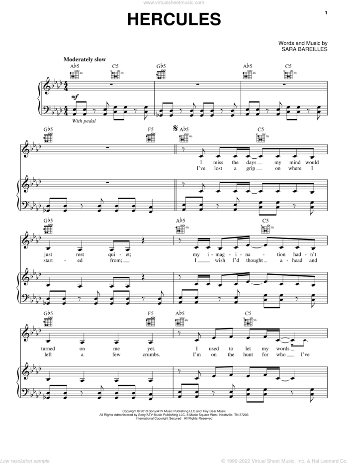 Hercules sheet music for voice, piano or guitar by Sara Bareilles, intermediate skill level