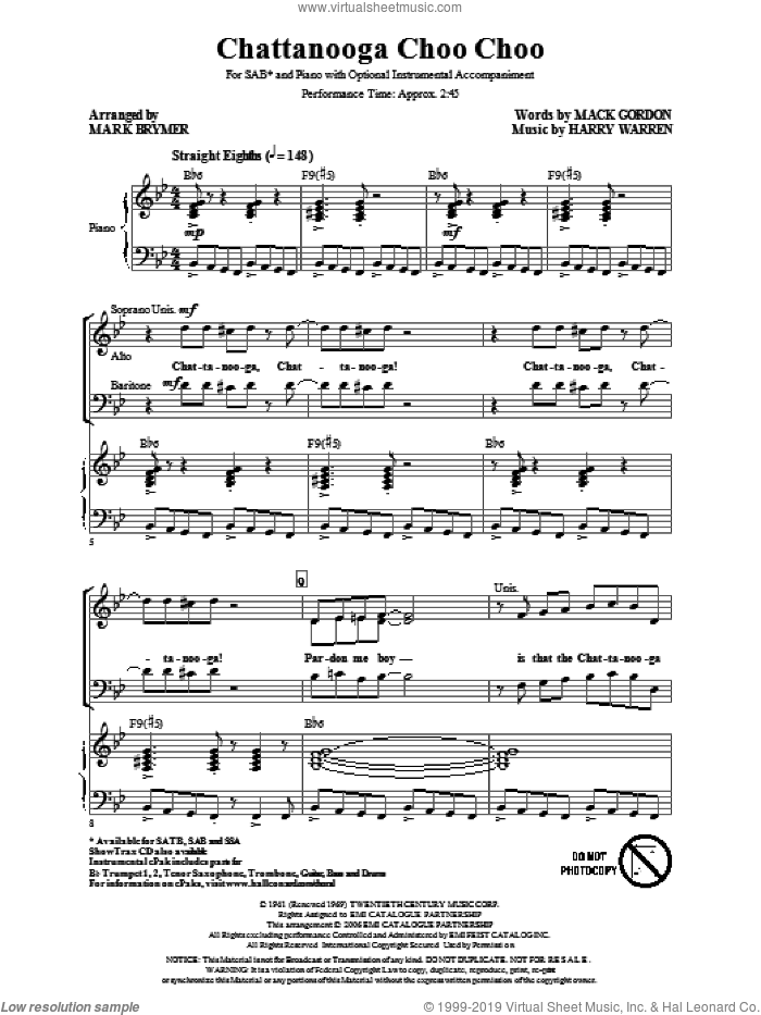 Chattanooga Choo Choo (arr. Mark Brymer) sheet music for choir (SAB: soprano, alto, bass) by Harry Warren, Mack Gordon and Mark Brymer, intermediate skill level